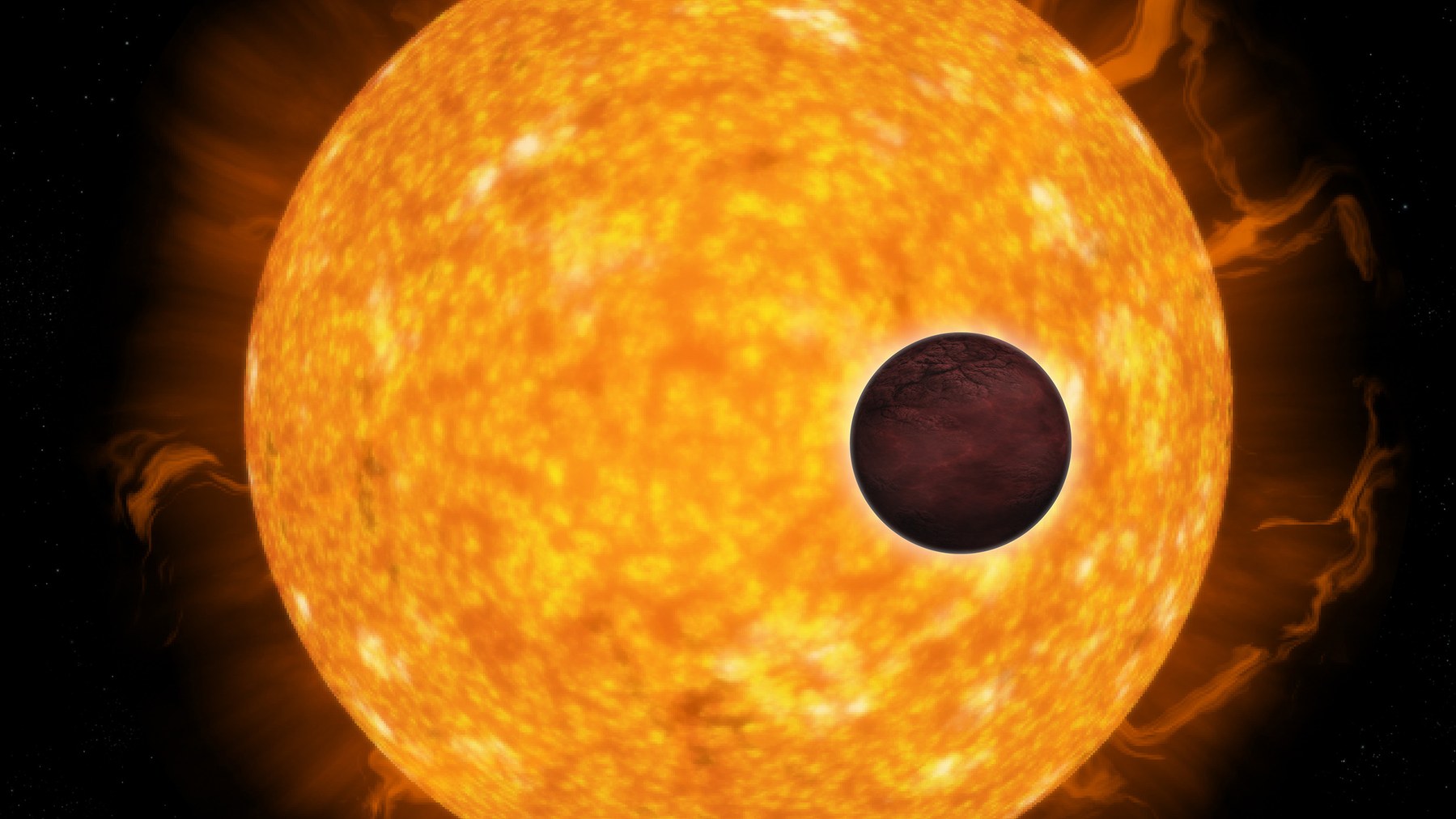 Artist impression of a rocky exoplanet transiting across its parent star.